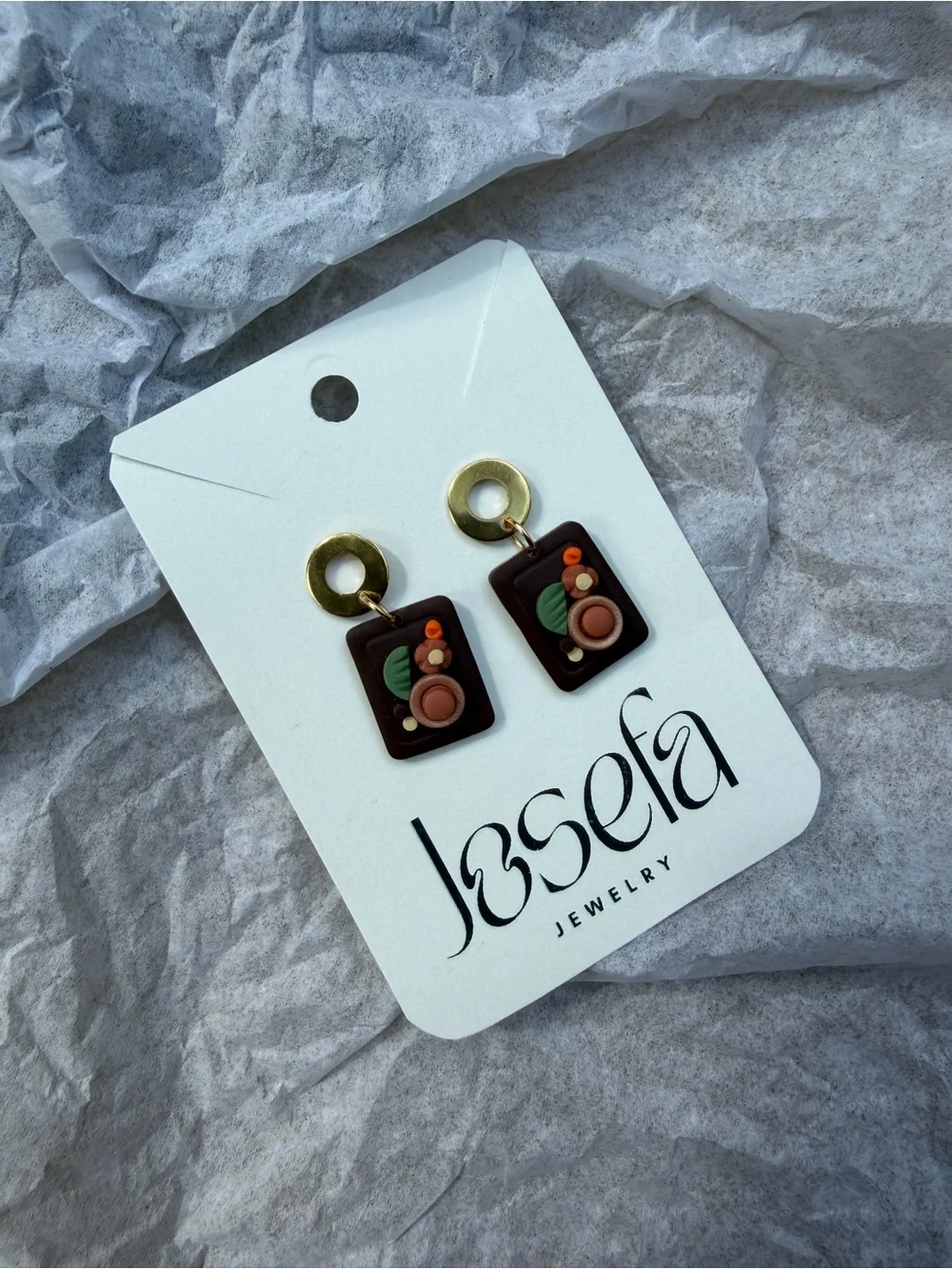Josefa Brown Floral Polymer Clay Drop Earrings with Gold Accents